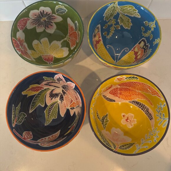 Set of 4 Flame Leaf by Anthropologie Bowls (Blue, Navy, Green, Yellow) 6" - Picture 4 of 4